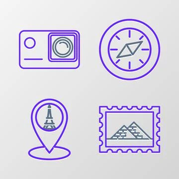 Set line Postal stamp and Egypt pyramids, Map pointer with Eiffel tower, Comp Illustrazione stock