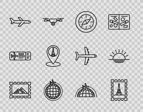 Set line Postal stamp and Egypt pyramids, Eiffel tower, Compass, Globe with f Stock Illustration