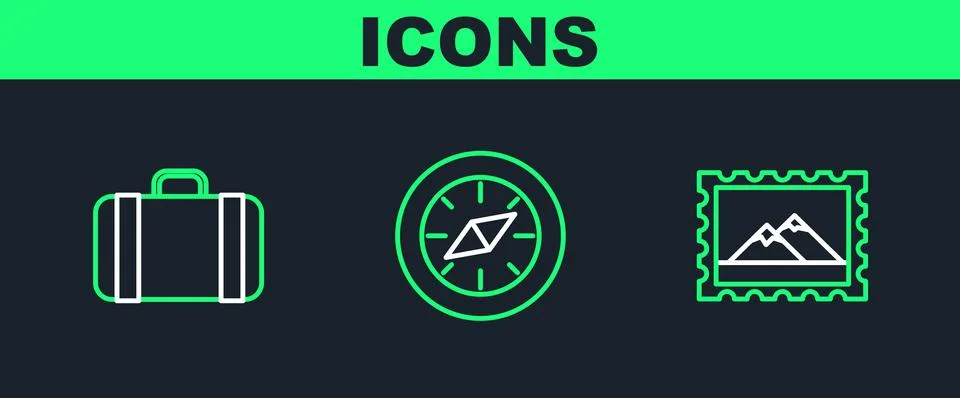 Set line Postal stamp and Mountains, Suitcase for travel and Compass icon. Ve Illustration