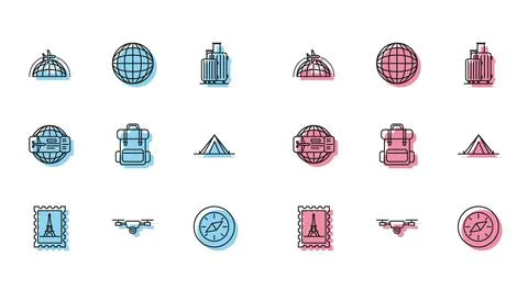 Set line Postal stamp and Eiffel tower, Drone flying with action video camera Stock Illustration
