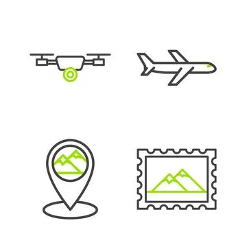 Set line Postal stamp and Mountains, Map pointer with mountain, Plane and Drone Illustrazione stock