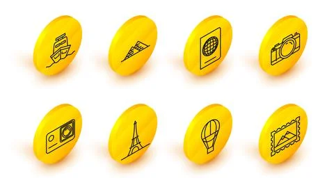 Set line Postal stamp and Mountains, Hot air balloon, Eiffel tower, Action Stock Illustration