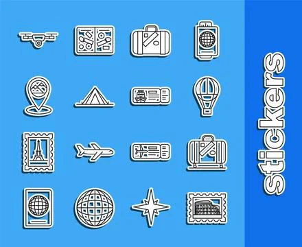 Set line Postal stamp and Coliseum, Hot air balloon, Tourist tent, Map pointer Stock Illustration