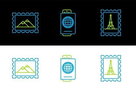 Set line Postal stamp and Eiffel tower, Mountains and Passport with ticket icon 스톡 일러스트