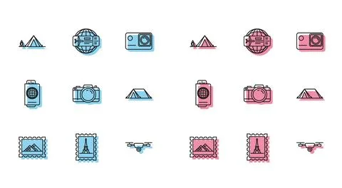 Set line Postal stamp and Egypt pyramids, Eiffel tower, Tourist tent with w.. Stock Illustration
