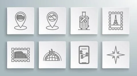 Set line Postal stamp and Coliseum, Globe flying plane, Infographic of city.. 스톡 일러스트