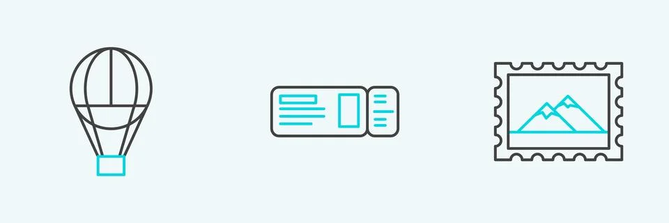 Set line Postal stamp and Mountains, Hot air balloon and Travel ticket icon.. 스톡 일러스트
