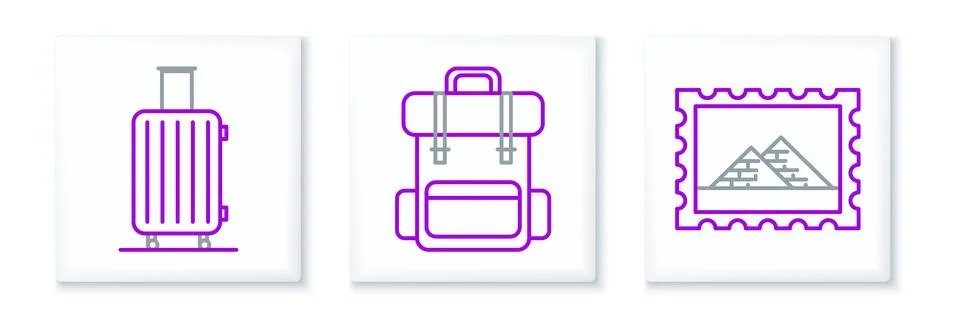 Set line Postal stamp and Egypt pyramids, Suitcase for travel and Hiking ba.. Illustration
