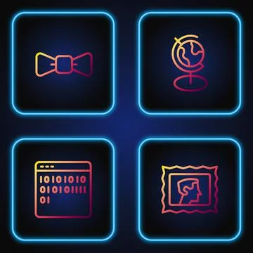 Set line Postal stamp, Binary code, Bow tie and Earth globe. Gradient color Stock Illustration