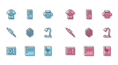 Set line Postal stamp, Binary code, T-shirt, Crossword, Rubik cube, Table lamp Stock Illustration