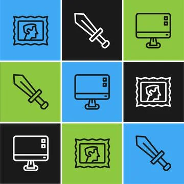 Set line Postal stamp, Computer monitor screen and Sword for game icon. Vector Illustrazione stock