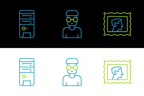 Set line Postal stamp, Computer and Nerd geek icon. Vector Illustrazione stock