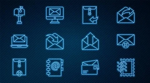 Set line Postal stamp, Delete envelope, Envelope, Laptop with, Mail box, Ou.. Stock Illustration