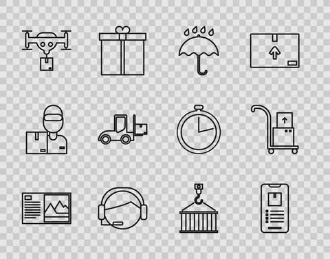 Set line Postcard, Mobile phone with app delivery tracking, Umbrella and rain Stock Illustration