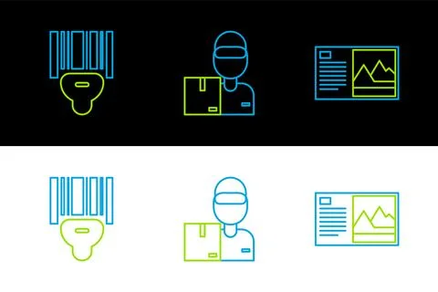 Set line Postcard, Scanner scanning bar code and Delivery man with cardboar.. Illustrazione stock