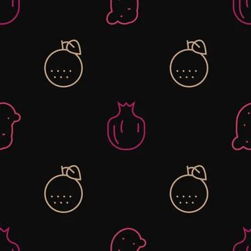 Set line Potato, Orange fruit and Pomegranate on seamless pattern. Vector Illustrazione stock