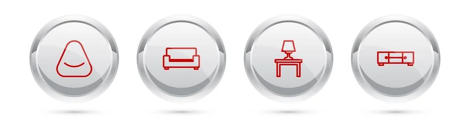 Set line Pouf, Sofa, Table lamp on table and Chest drawers. Silver circle but Illustrazione stock