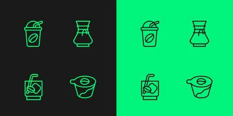 Set line Pour over coffee maker, Espresso tonic, Iced and icon. Vector Stock Illustration