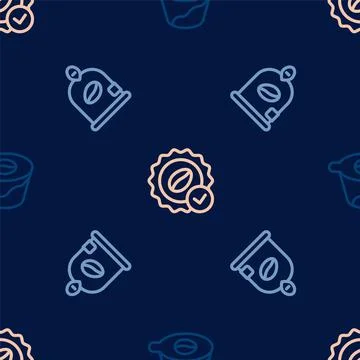 Set line Pour over coffee maker, Bag beans and Medal for on seamless pattern イラスト素材