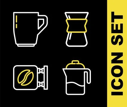 Set line Pour over coffee maker, French press, Street signboard and Coffee cup Ilustração Stock