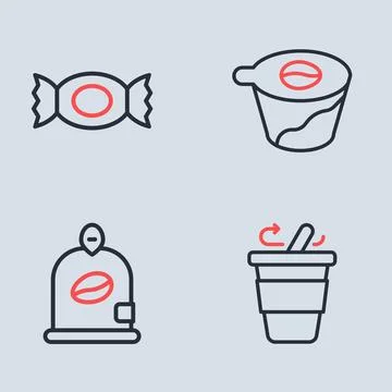 Set line Pour over coffee maker, Bag beans, Coffee cup to go and Candy icon.. Ilustración de archivo