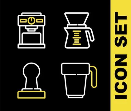 Set line Pour over coffee maker, Coffee cup, tamper and machine icon. Vector Ilustração Stock