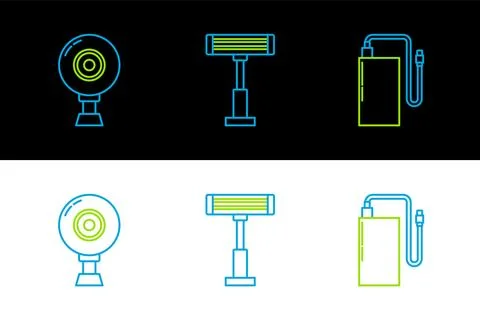Set line Power bank with different charge cable, Web camera and Electric he.. Stock Illustration