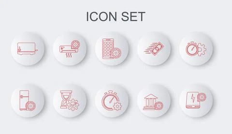 Set line Power bank setting, Refrigerator, Mobile Apps, Bank building, Toaster Ilustración de archivo