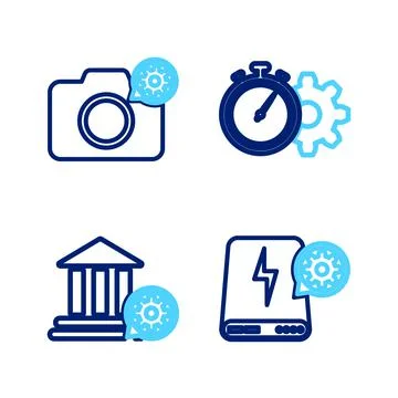 Set line Power bank setting, Bank building, Time management and Photo camera Ilustración de archivo