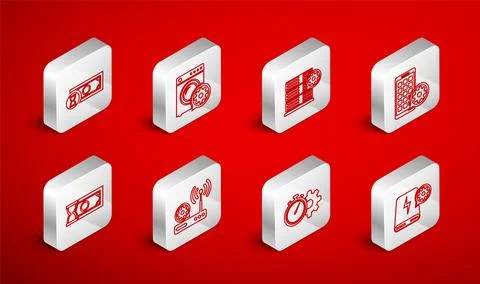 Set line Power bank setting, Washer, Server, Mobile Apps, Time management, Fast Stock Illustration