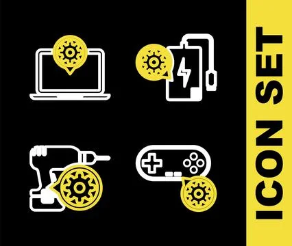 Set line Power bank setting, Gamepad, Drill machine and Laptop icon. Vector Illustrazione stock