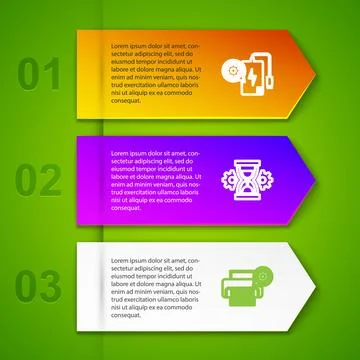 Set line Power bank setting, Hourglass, Printer and Wrist watch. Business Stock Illustration