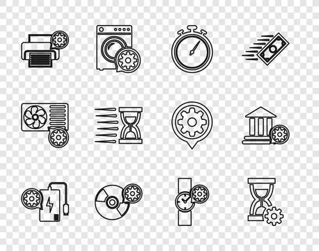 Set line Power bank setting, Hourglass, Stopwatch, CD or DVD disk, Printer,.. Stock Illustration