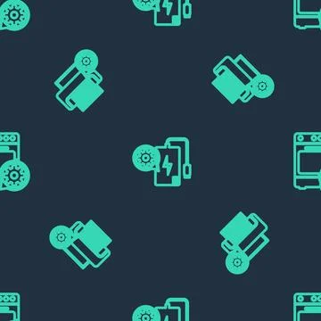 Set line Power bank setting, Printer and Oven on seamless pattern. Vector Stock Illustration