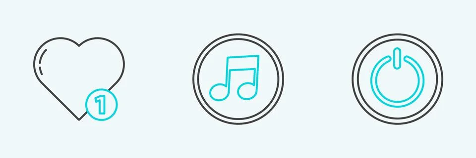 Set line Power button, Like and heart and Music note, tone icon. Vector Stock Illustration