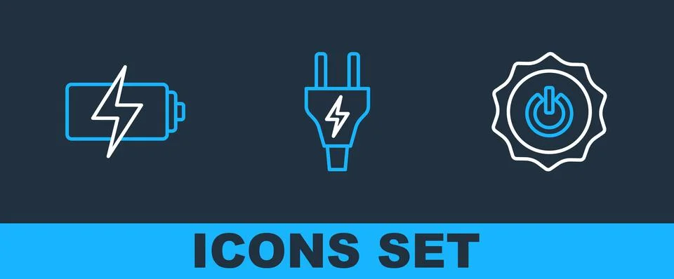 Set line Power button, Battery and Electric plug icon. Vector Illustrazione stock