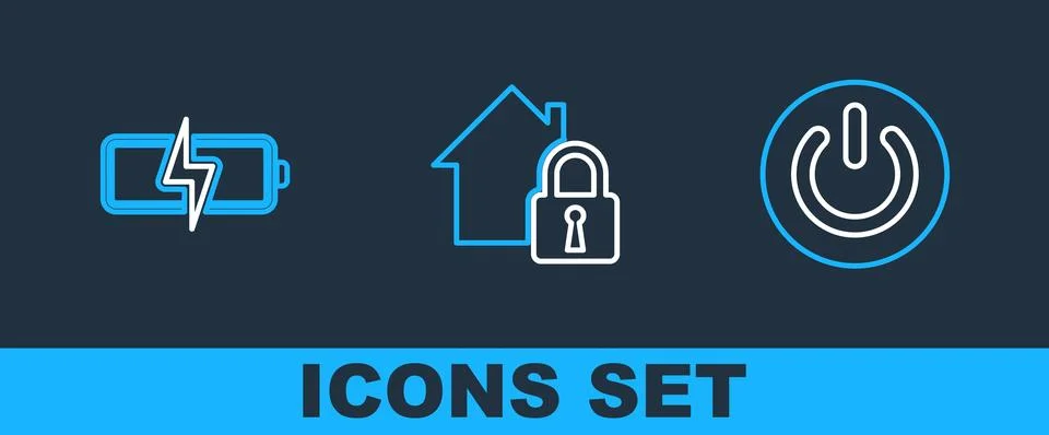 Set line Power button, Battery and House under protection icon. Vector Stock Illustration