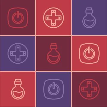 Set line Power button, Bottle with magic elixir and Game controller or joystick Illustrazione stock