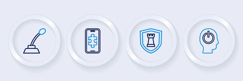 Set line Power button, Chess shield, Mobile gaming and Microphone icon. Vecto Stock Illustration