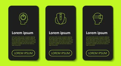 Set line Power button, Computer mouse and Virtual reality glasses. Business Stock Illustration