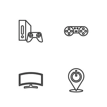 Set line Power button, Computer monitor, Game console with joystick and Illustrazione stock