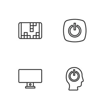 Set line Power button, Computer monitor, Portable video game console and icon Illustrazione stock
