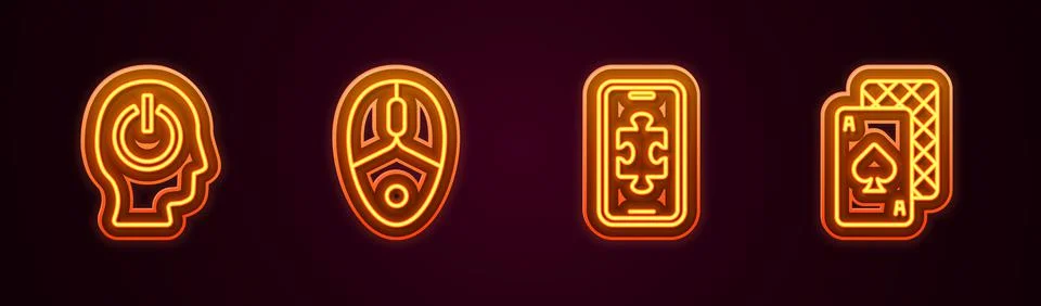 Set line Power button, Computer mouse, Mobile gaming and Playing cards. Glowing Illustrazione stock