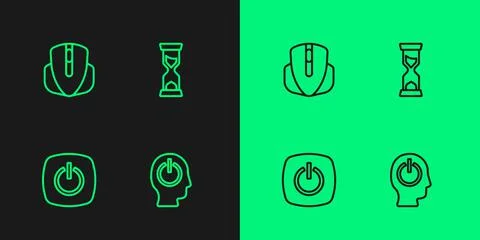 Set line Power button, Computer mouse and Old hourglass icon. Vector Stock Illustration
