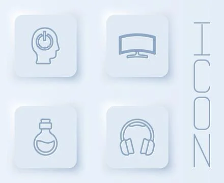 Set line Power button, Computer monitor, Bottle with magic elixir and Headphones Stock Illustration