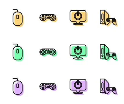 Set line Power button, Computer mouse, Game controller or joystick and console 스톡 일러스트