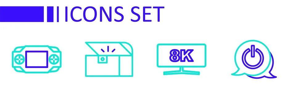 Set line Power button, Computer monitor, Chest for game and Portable video Stock Illustration