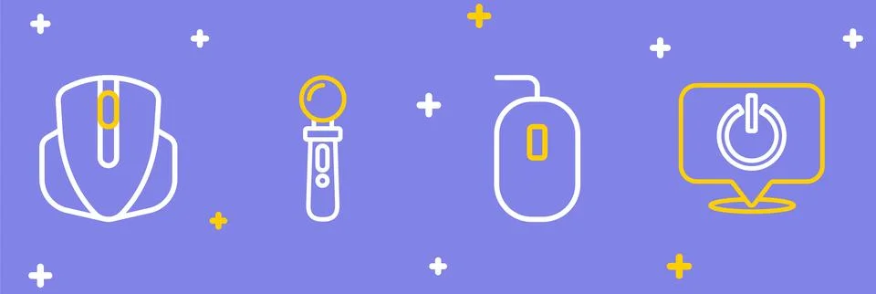 Set line Power button, Computer mouse, VR controller game and  icon. Vector Illustrazione stock