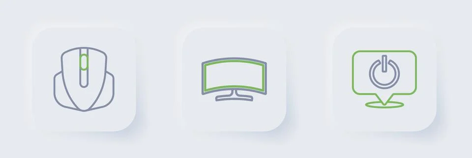 Set line Power button, Computer monitor and mouse icon. Vector イラスト素材