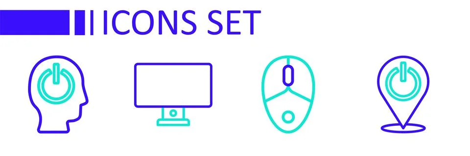 Set line Power button, Computer mouse, monitor and  icon. Vector Stock Illustration